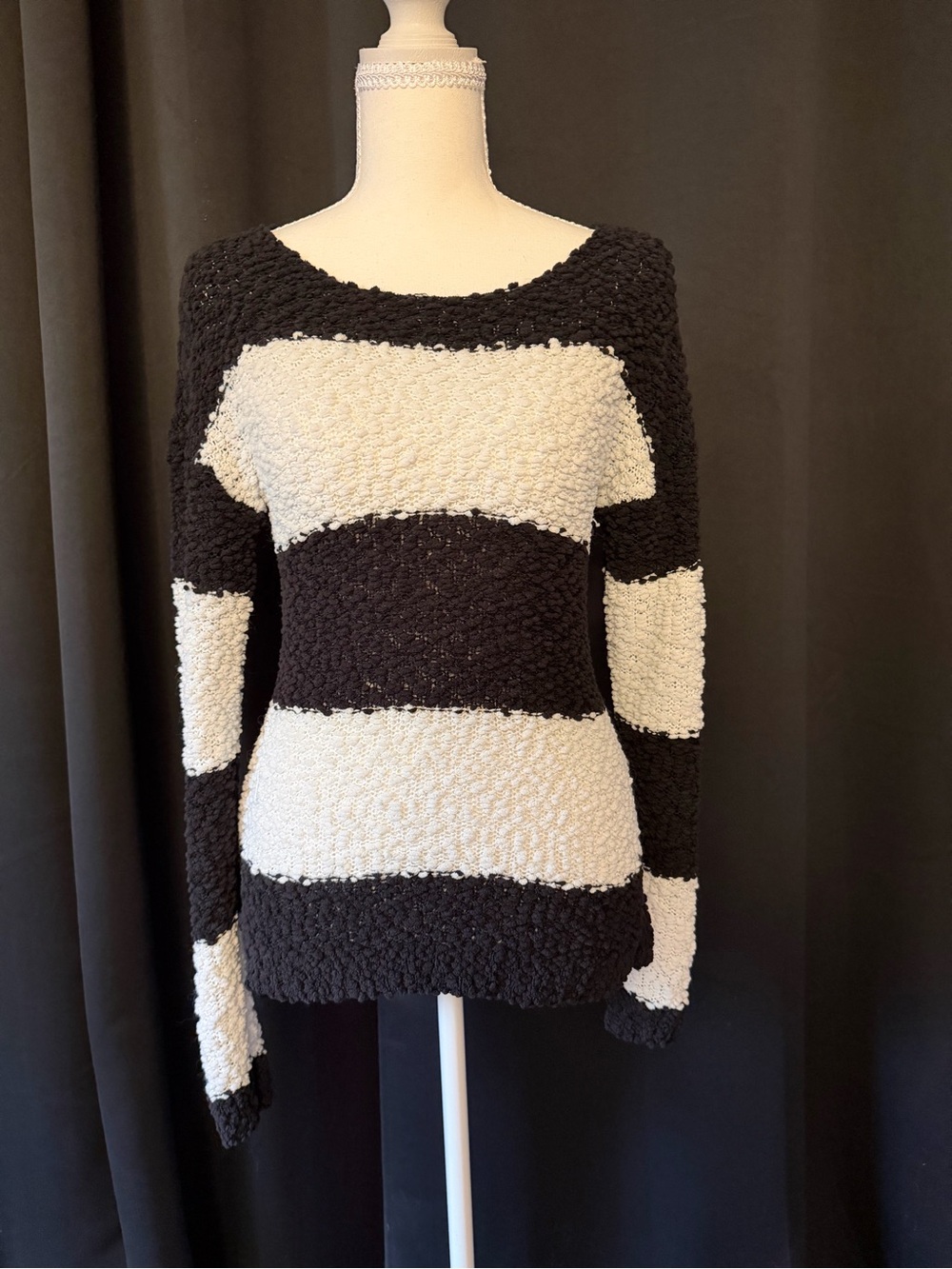 Almost Famous Black & White Striped Bouclé Scoop Sweater